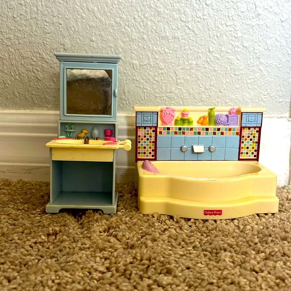 VTG Fisher Price Loving Family Dollhouse Bathroom Set - Bathtub and Sink Vanity
